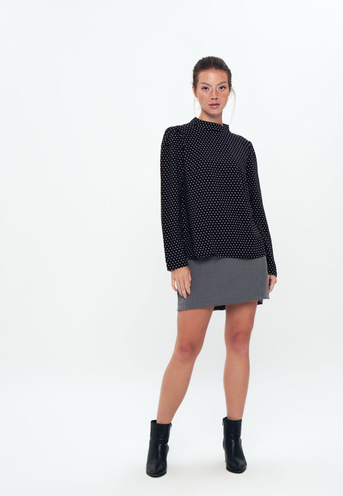 Standing Collar Long Sleeve Shirt Blouse - Black white spot