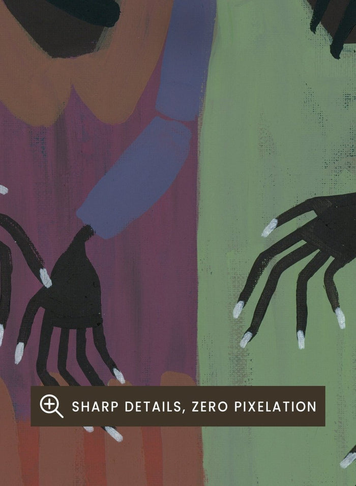 Artistic depiction of three figures with outstretched hands on a blue background. My People by Studio IMO (Ibi Meier-Oruitemeka) is a modern figurative art print with connected figures, expressive hands, and bold contemporary wall poster design.
