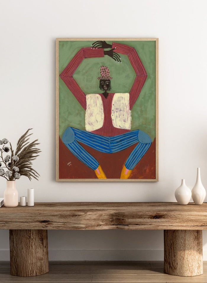 Artistic depiction of a figure with red shirt, blue pants, and yellow shoes on a green background. Open Up by Studio IMO (Ibi Meier-Oruitemeka) is a modern figurative art print featuring a seated figure with bold color and contemporary portrait poster design.