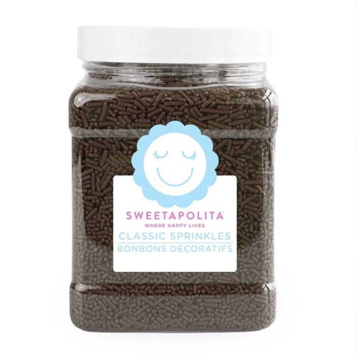 Bottle of Sweetapolita Chocolate Crunchy Sprinkles, thin brown cocoa-coloured sugar strands