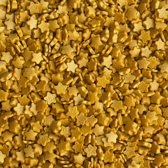 Bulk tub of Sweetapolita Gold Mini Star Confetti, small flat gold star-shaped decorations for bakery use