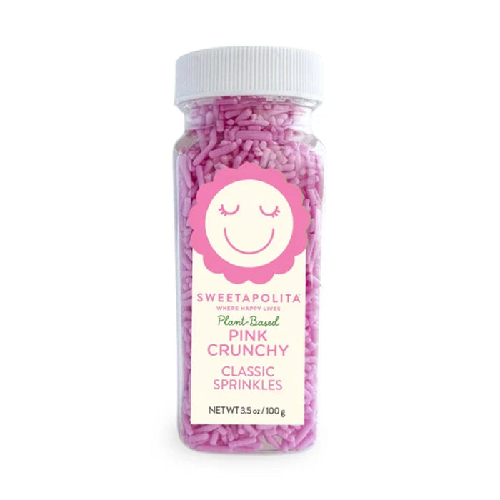 Bottle of Sweetapolita Natural Pink Crunchy Sprinkles, soft pink plant-coloured sugar strands