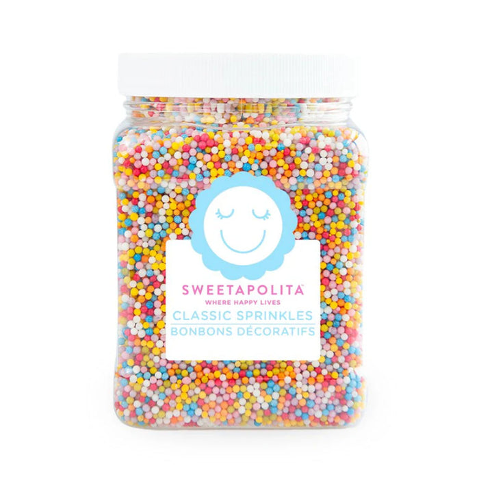 Bulk tub of Sweetapolita Natural Rainbow Nonpareils, tiny round multicoloured plant-coloured beads for bakery use