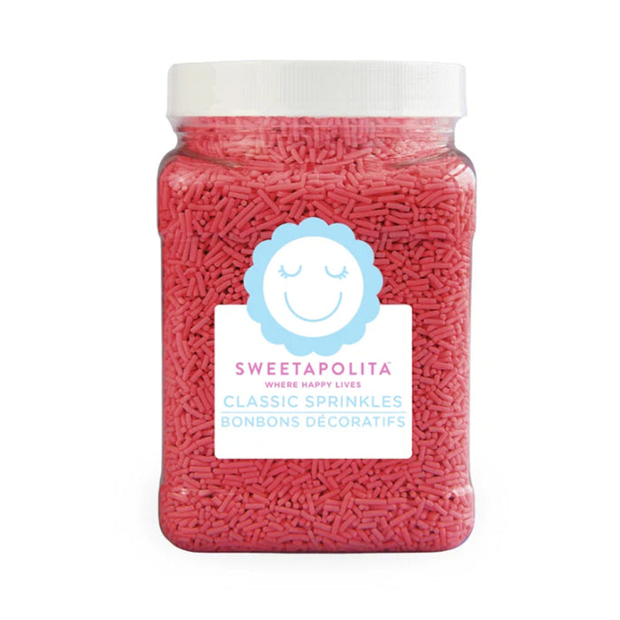 Bulk tub of Sweetapolita Natural Red Crunchy Sprinkles, red plant-coloured sugar strands for bakery use