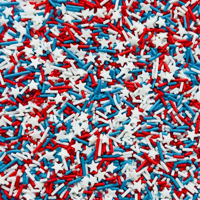 Bulk tub of Sweetapolita Party in the USA Sprinkle Medley, patriotic red, white and blue sprinkle mix for bakery use