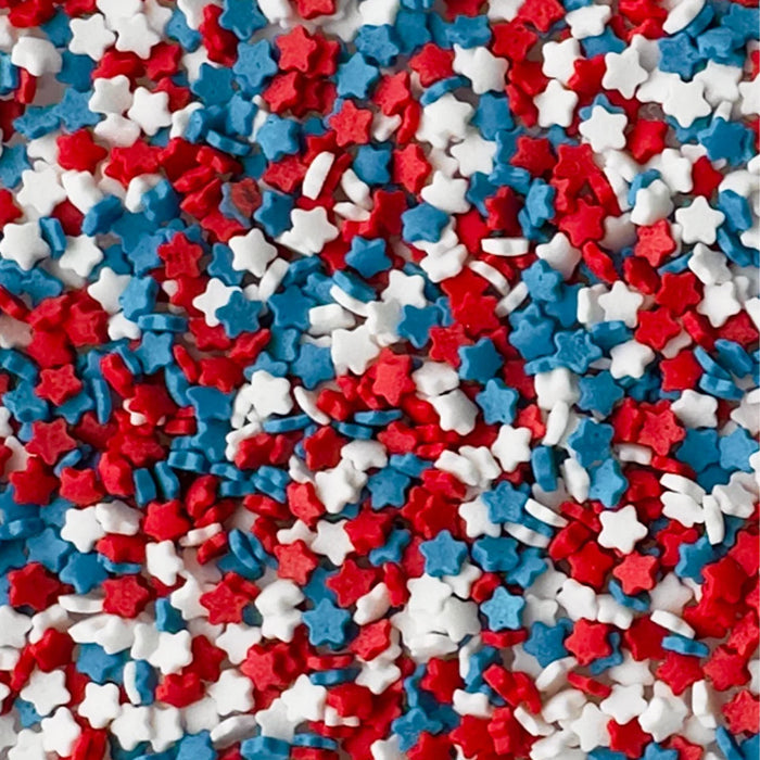 Bottle of Sweetapolita Patriotic Star Confetti, flat red, white and blue star-shaped edible sprinkles