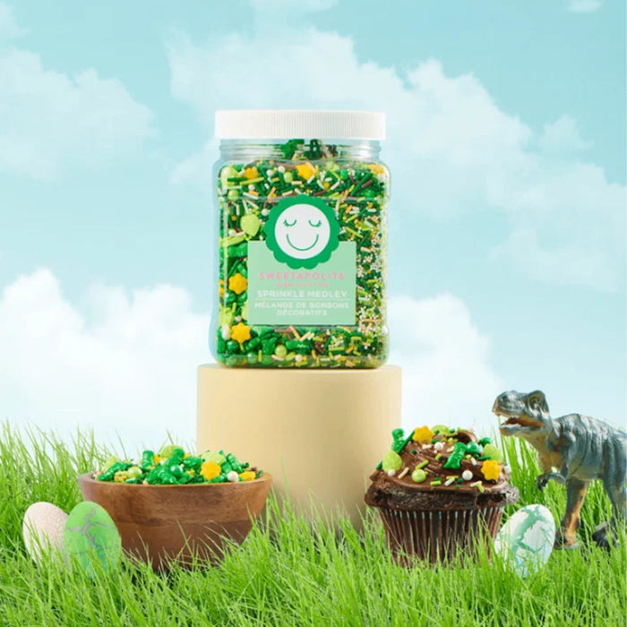 Bulk tub of Sweetapolita Roar and Explore Sprinkle Medley, dinosaur-themed colourful sprinkle mix for bakery use