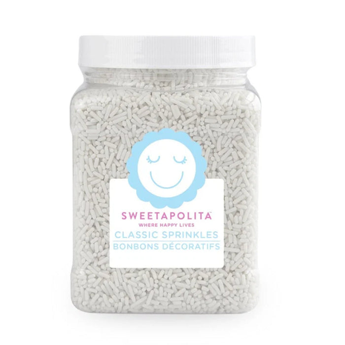Bulk tub of Sweetapolita White Crunchy Sprinkles, pure white dye-free sugar strands for bakery use