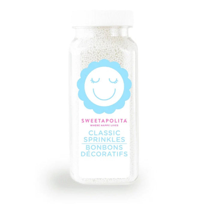 Bottle of Sweetapolita White Mini Nonpareils, very fine round white edible sprinkle beads