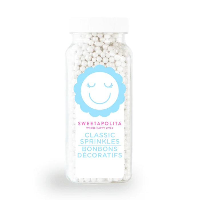 Bottle of Sweetapolita White Shimmer Pearls, small round pearlescent ivory-white edible sugar beads