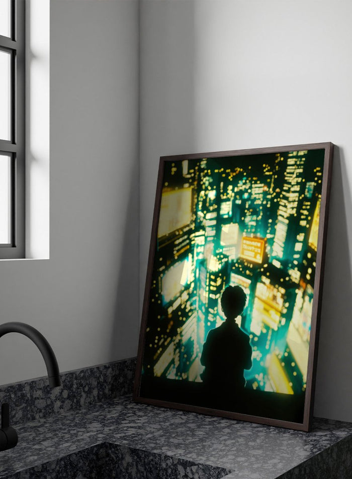 Silhouette of a person against a vibrant cityscape at night. Overlooking Tokyo by Taudalpoi neon cityscape art print with glowing skyscrapers and lone figure, cinematic cyberpunk inspired poster wall art.