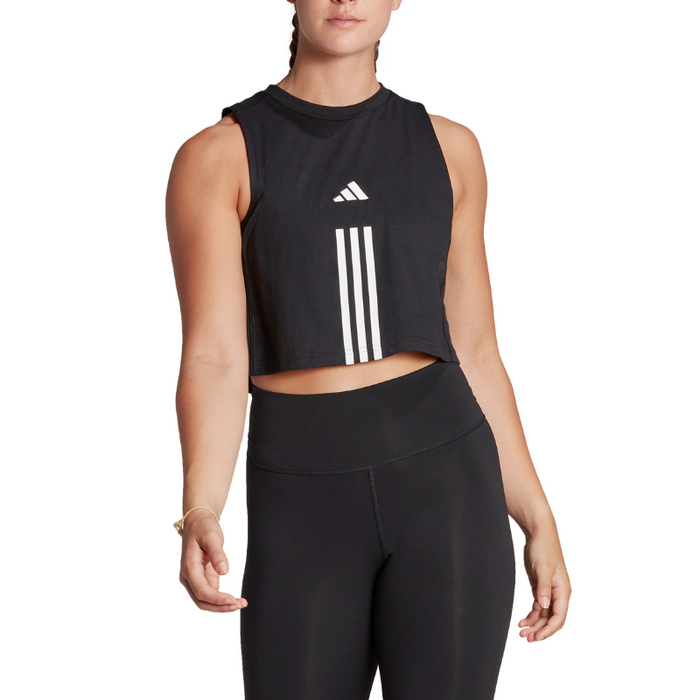 Adidas Train Essentials Train Cotton Cropped 3 Stripes Tennis Tank Top - Black/White