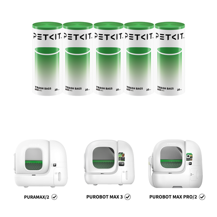 Trash bags displayed with compatible PETKIT litter boxes including Purobot Max Pro, Purobot Max Pro 2, Purobot Max 3, PuraMax and PuraMax 2, designed for daily waste collection