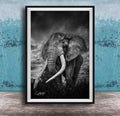 A majestic elephant stands tall in a grassy field, its large tusks and trunk prominently displayed against a dramatic cloudy sky.