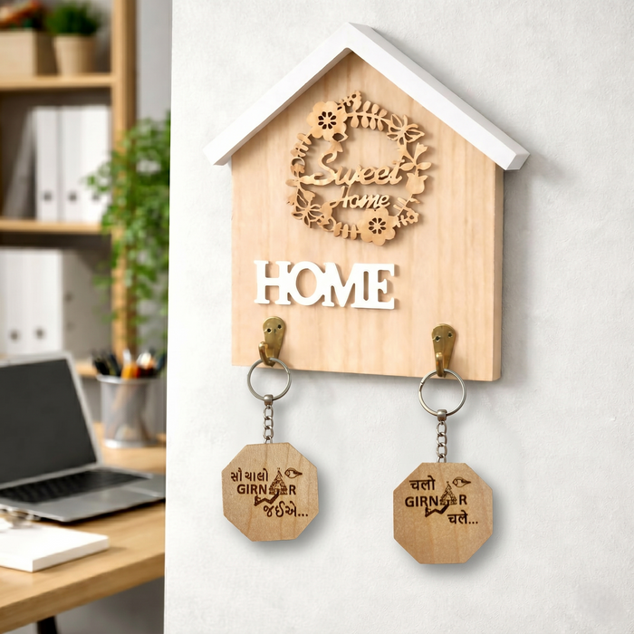 Two sided wooden Girnar keychain multi language - Girnar Darshan