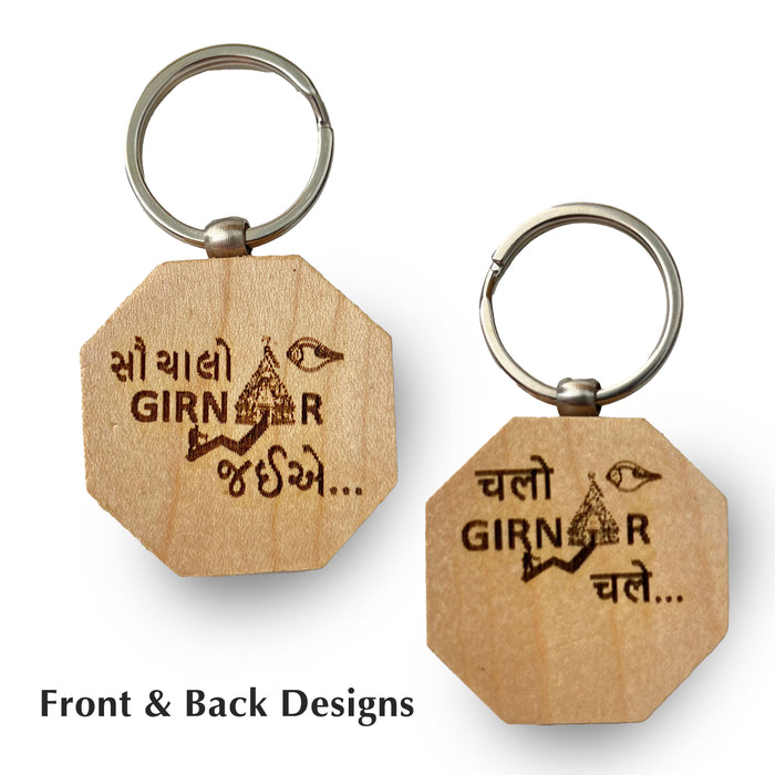 Two sided wooden Girnar keychain multi language - Girnar Darshan