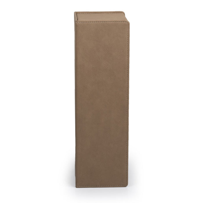 Buckskin-toned wood wine bottle gift box with accessories and personalized lid