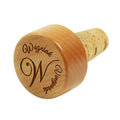 Wooden wine bottle stopper with custom engraved text on the cylindrical wood top