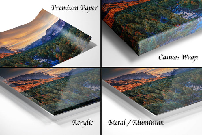The image is a collage of four different images, each depicting a landscape scene. The images are labeled as "Premium Paper", "Canvas Wrap", "Acrylic", and "Metal/Aluminum".