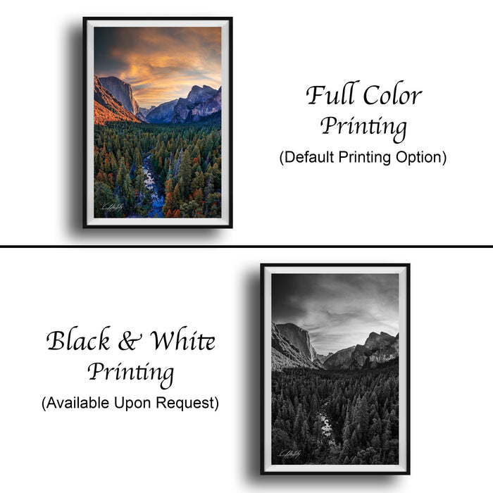The image is a collage of two framed pictures. The top picture is a full color print of a mountainous landscape with a river, while the bottom picture is a black and white print of the same mountainous landscape. Both pictures are framed and available upon request.