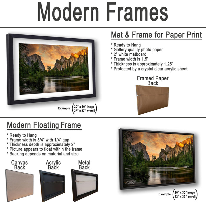 The image is a collage of three framed pictures, each with different frame types and backings. The first frame is a mat and frame for a paper print, the second frame is a modern floating frame, and the third frame is a mat and frame for a printed back.