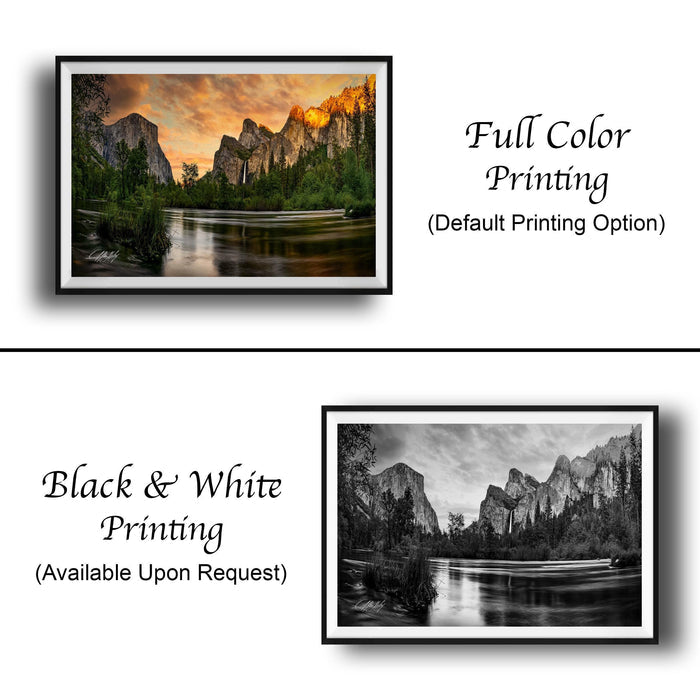 The image is a collage of two framed pictures. The top picture is a full color print of a scenic landscape with mountains and a river, while the bottom picture is a black and white print of the same landscape. Both pictures are framed and available upon request.