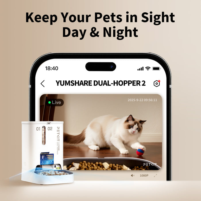 PETKIT app-controlled automatic pet feeder, automatic dispenser with camera for monitoring pets day and night