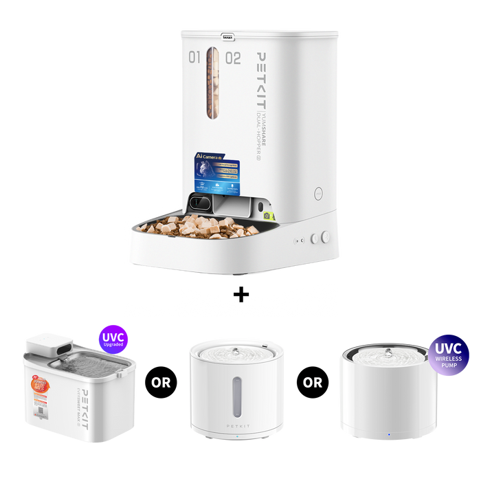 PETKIT YumShare Dual-hopper 2 Automatic Cat Feeder, automatic dispenser displayed with cat water fountains, showing flexible bundle options for feeding and hydration