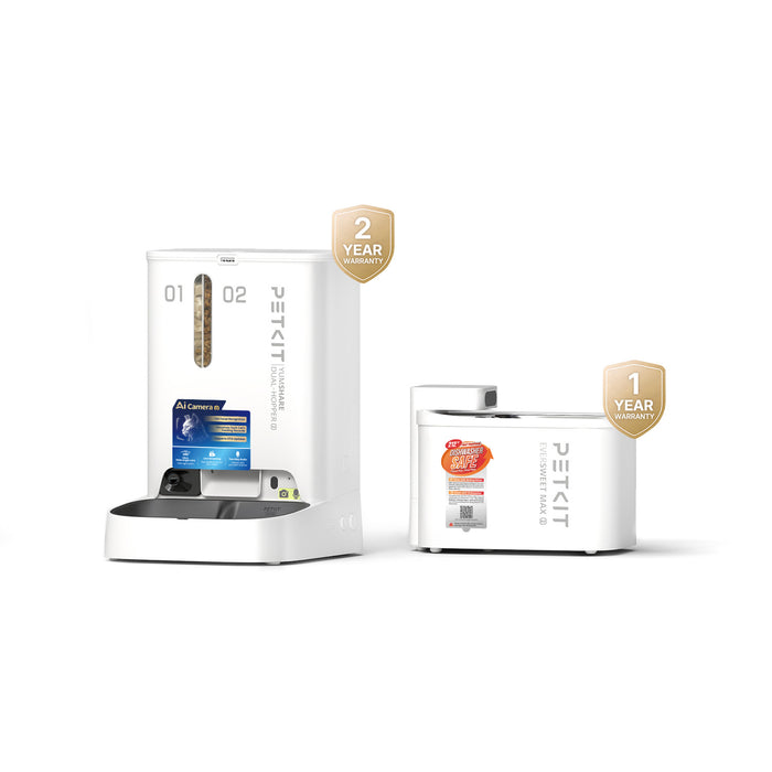 YumShare Dual-hopper 2 smart pet feeder paired with EverSweet Max 2 UVC cordless pet water fountain