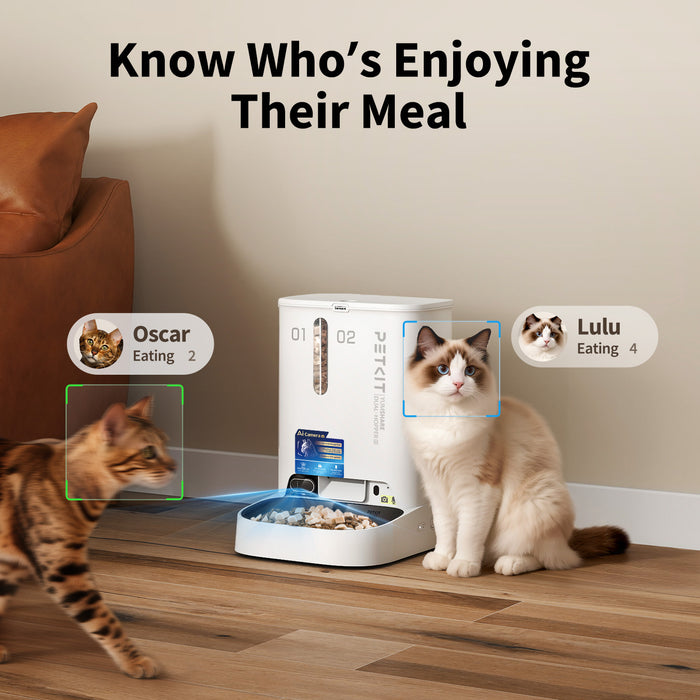 PETKIT YumShare Dual-hopper 2 Automatic Cat Feeder, automatic dispenser with multi-cat facial recognition, lets you know which cat is enjoying their meal