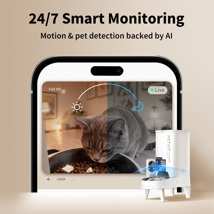 PETKIT YumShare Solo 2 automatic cat feeder, automatic food dispenser with built-in camera showing 24/7 live monitoring and night vision