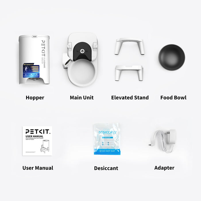 YumShare Solo 2 automatic cat feeder package including main unit, hopper, bowl, elevated stand, adapter, user manual and desiccant