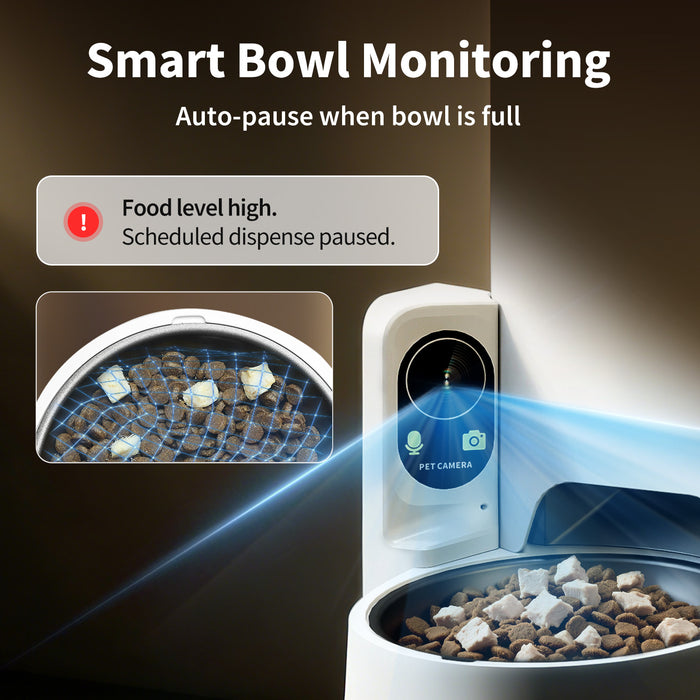 YumShare Solo 2 automatic cat feeder with smart bowl monitoring that detects food levels and pauses dispensing when the bowl is full