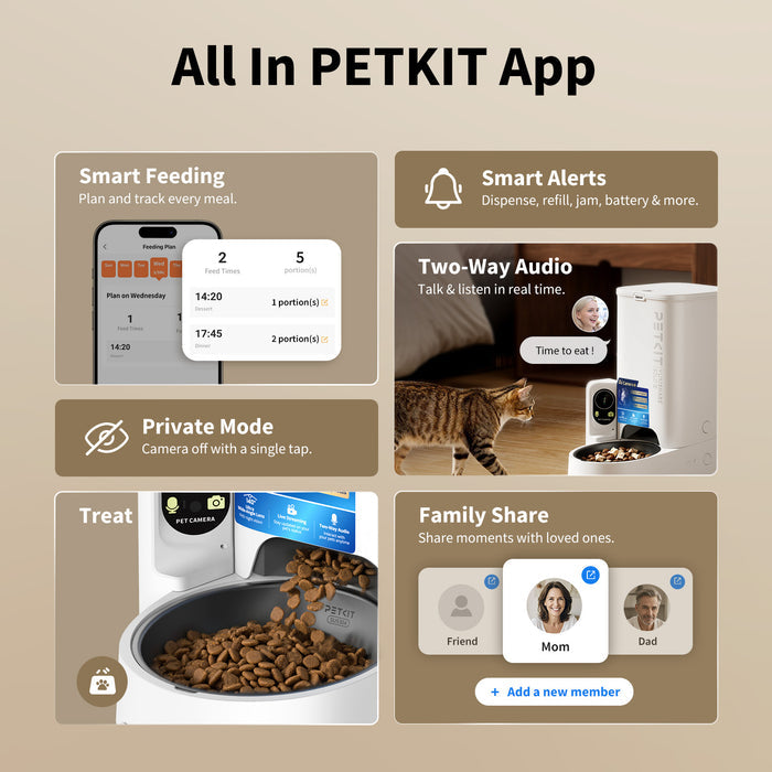 YumShare Solo 2 automatic cat feeder connected to app with feeding plans, two-way audio, treat dispensing, and family sharing features