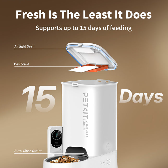 YumShare Solo 2 automatic cat feeder with airtight design to maintain food freshness and large capacity for up to 15 days of feeding for one pet